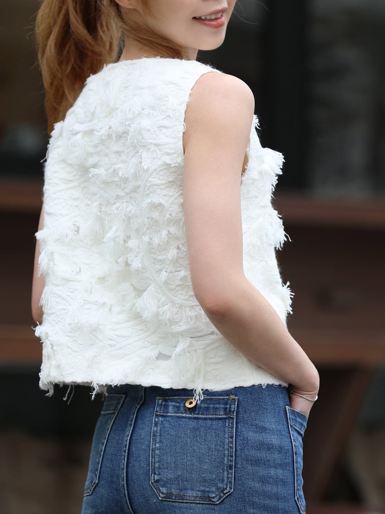 White Textured Fringe V-Neck Button Front Lined Waistcoat