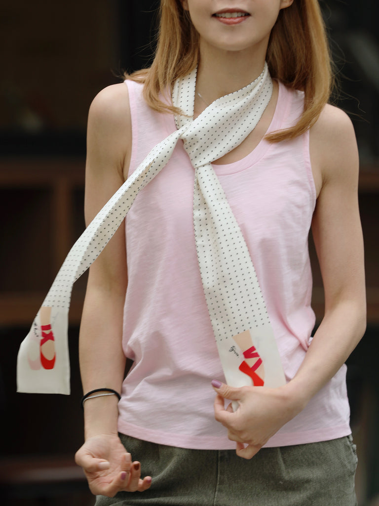 〔 T Y N V I E 〕Exclusive Polka Dot Illustrated Ballet Flat Twilly Silk Scarf
