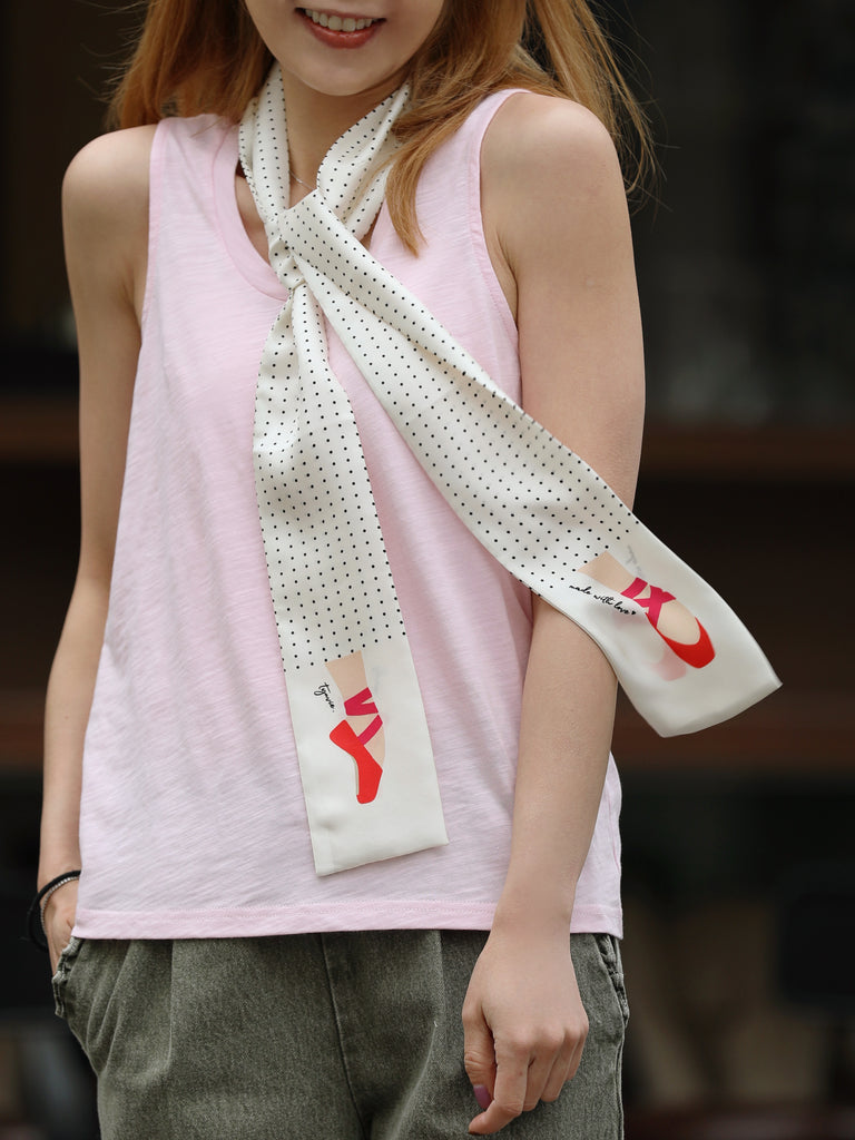 〔 T Y N V I E 〕Exclusive Polka Dot Illustrated Ballet Flat Twilly Silk Scarf