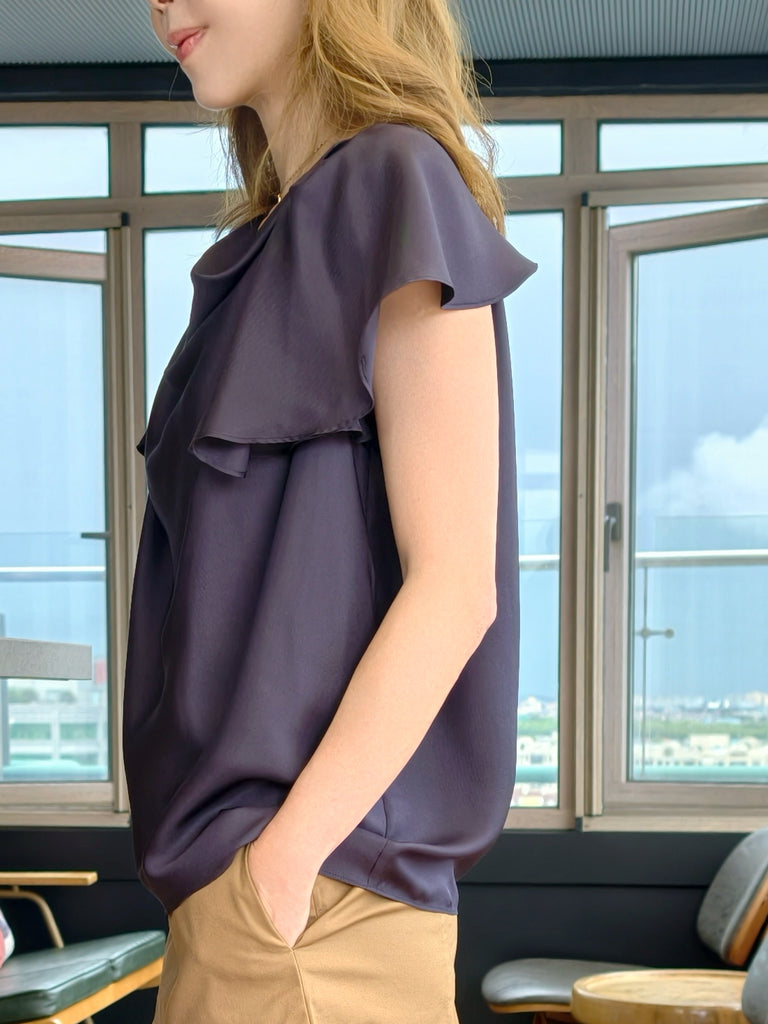 Midnight Navy Elegant Drape Collar Silky Ruffle Blouse