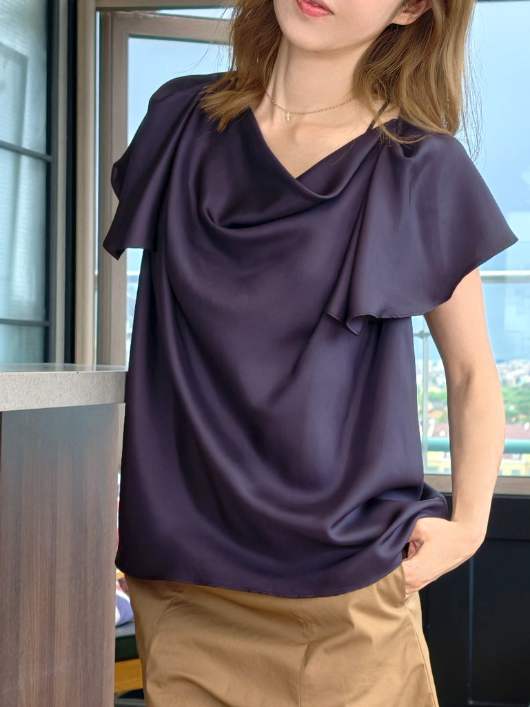 Midnight Navy Elegant Drape Collar Silky Ruffle Blouse