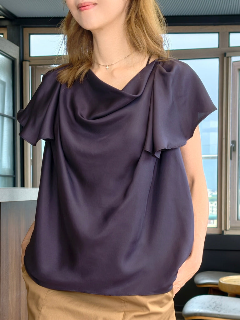 Midnight Navy Elegant Drape Collar Silky Ruffle Blouse
