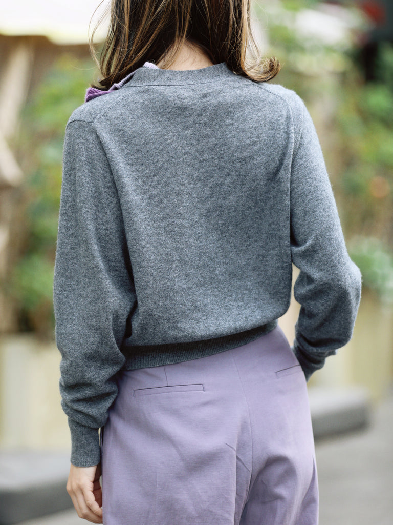 Ash Grey Ruffles Collar Boxy V-Neck Woollen Cashmere Cardigan