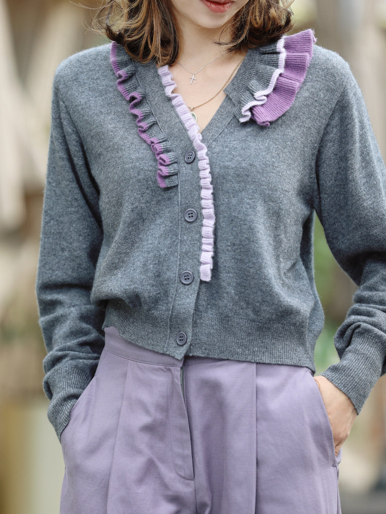 Ash Grey Ruffles Collar Boxy V-Neck Woollen Cashmere Cardigan