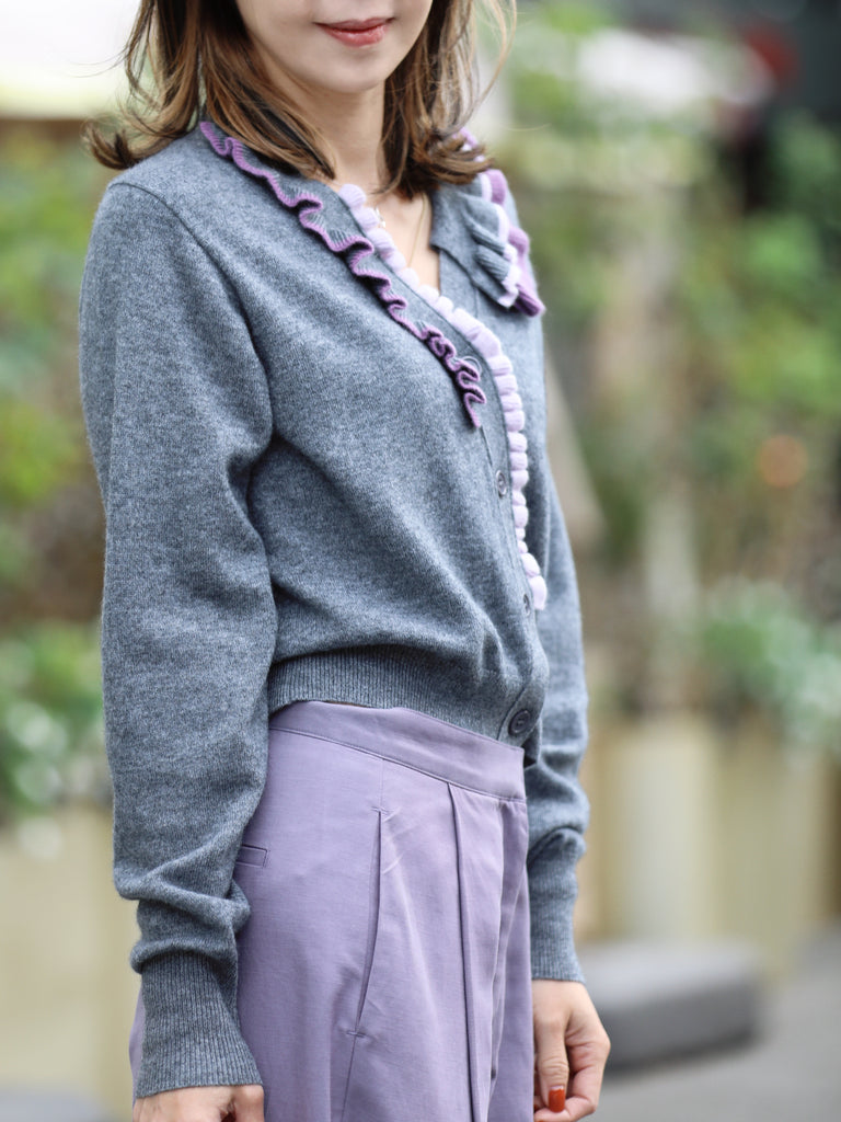 Ash Grey Ruffles Collar Boxy V-Neck Woollen Cashmere Cardigan