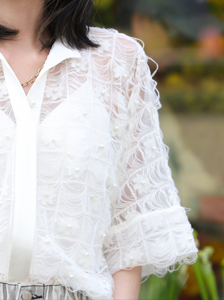 Fringed Lace Pearl Detail V-Neck Kimono Sleeve Sheer Top