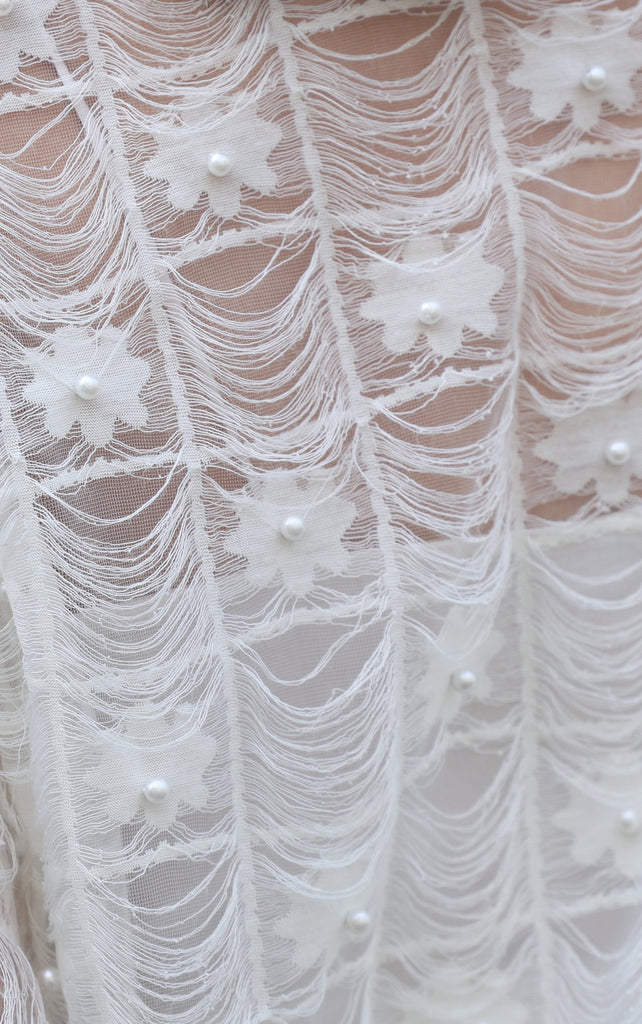 Fringed Lace Pearl Detail V-Neck Kimono Sleeve Sheer Top