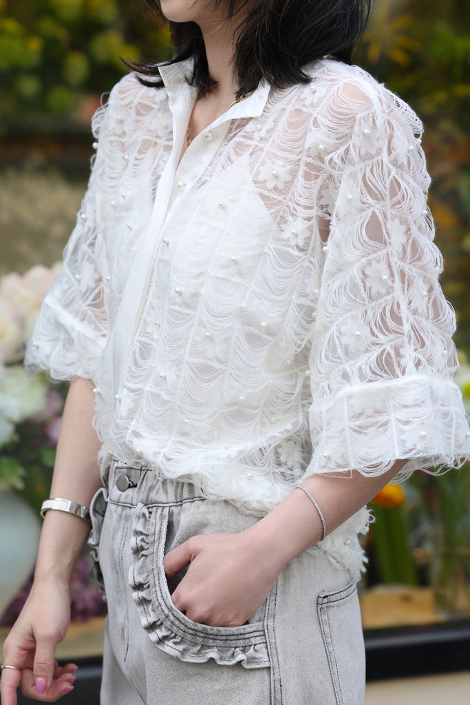 Fringed Lace Pearl Detail V-Neck Kimono Sleeve Sheer Top