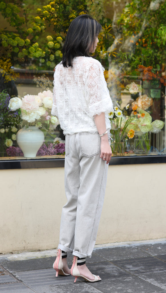 Fringed Lace Pearl Detail V-Neck Kimono Sleeve Sheer Top