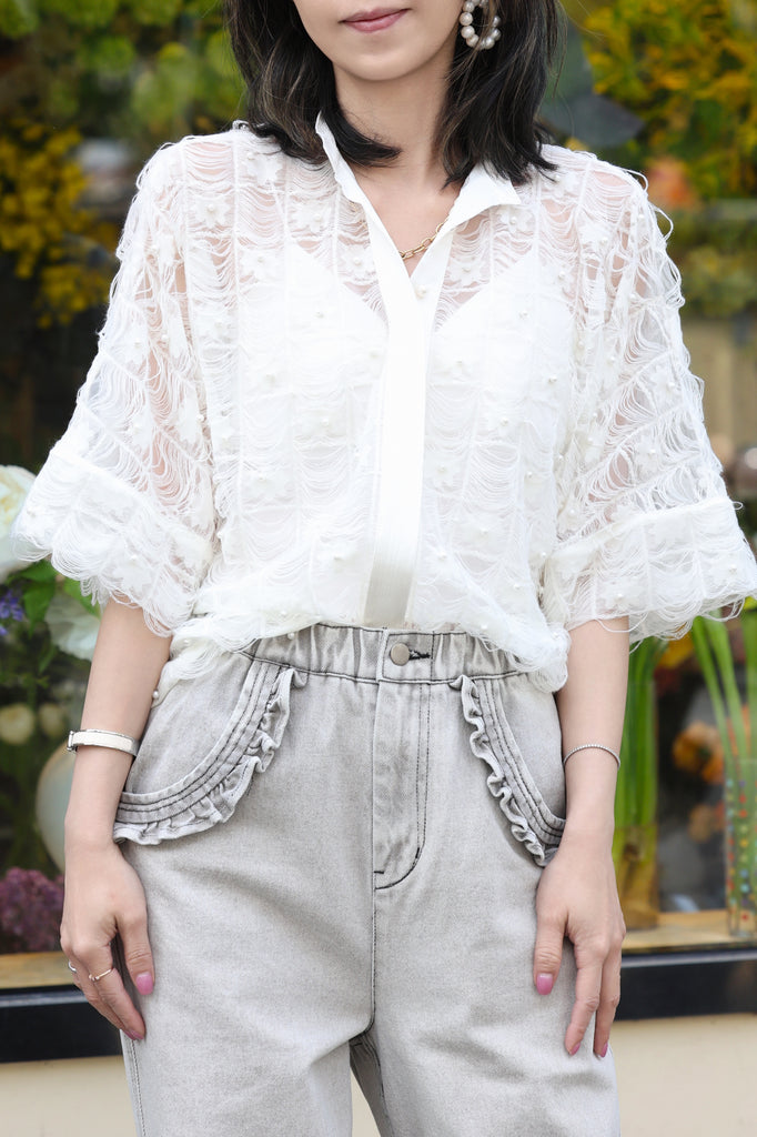 Fringed Lace Pearl Detail V-Neck Kimono Sleeve Sheer Top