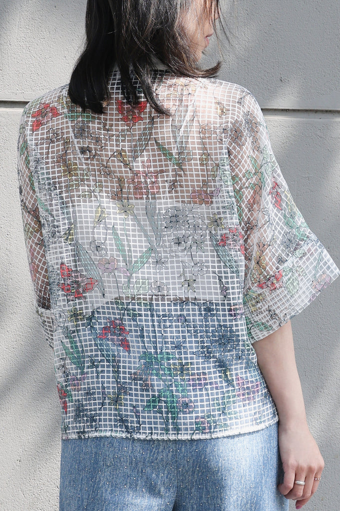 Floral Check Pearl Detail V-Neck Kimono Sleeve Sheer Top