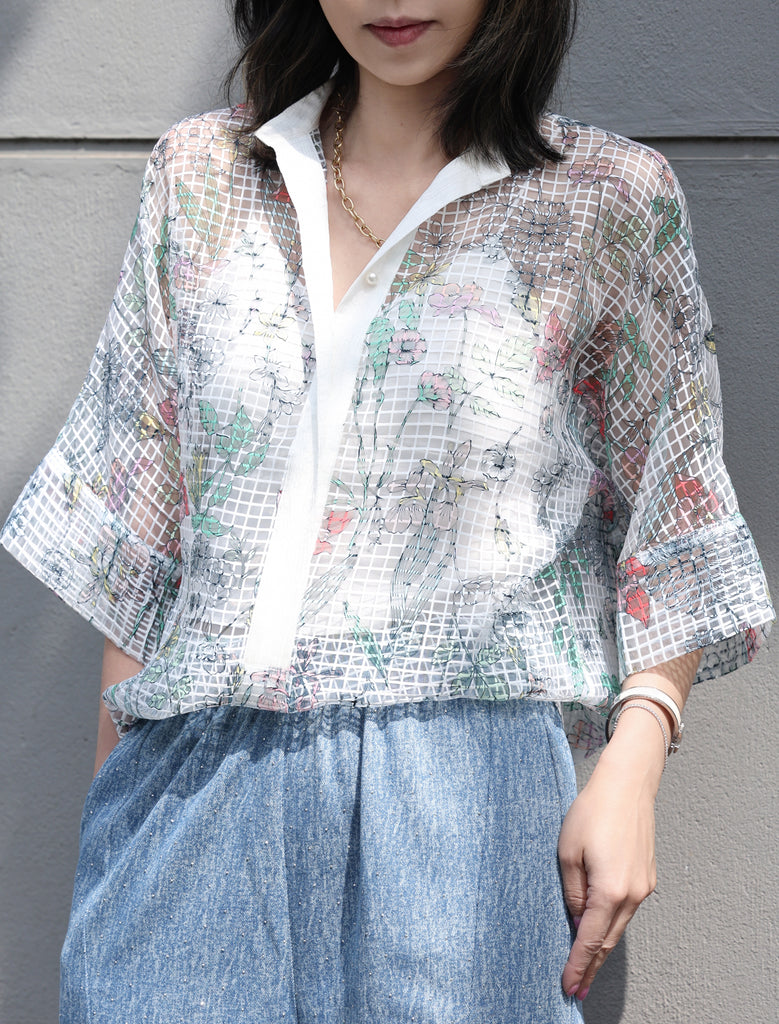 Floral Check Pearl Detail V-Neck Kimono Sleeve Sheer Top