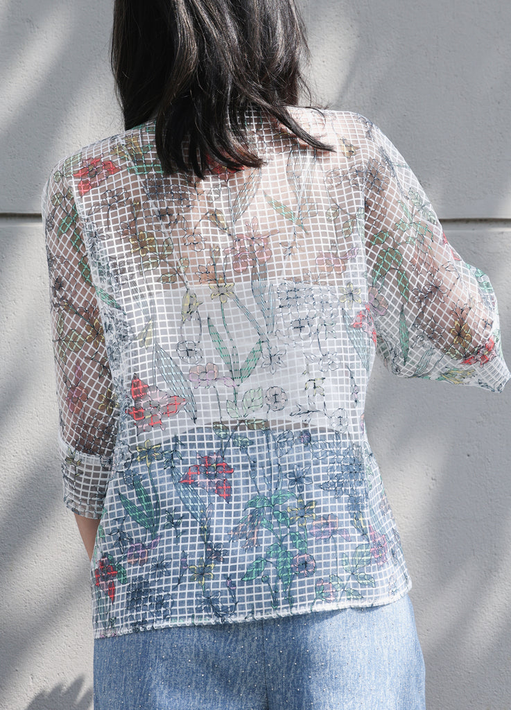 Floral Check Pearl Detail V-Neck Kimono Sleeve Sheer Top