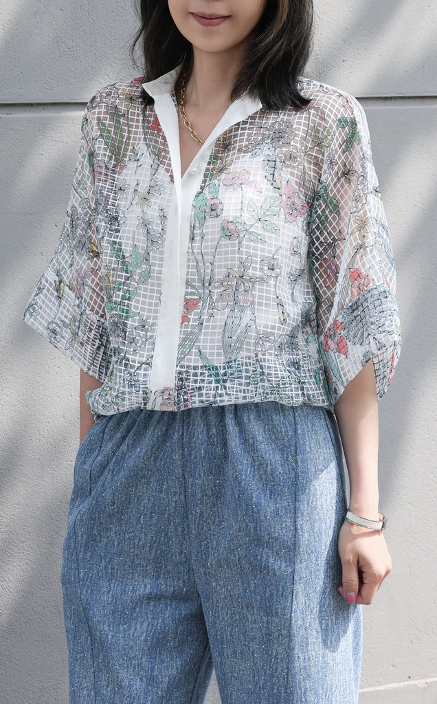 Floral Check Pearl Detail V-Neck Kimono Sleeve Sheer Top