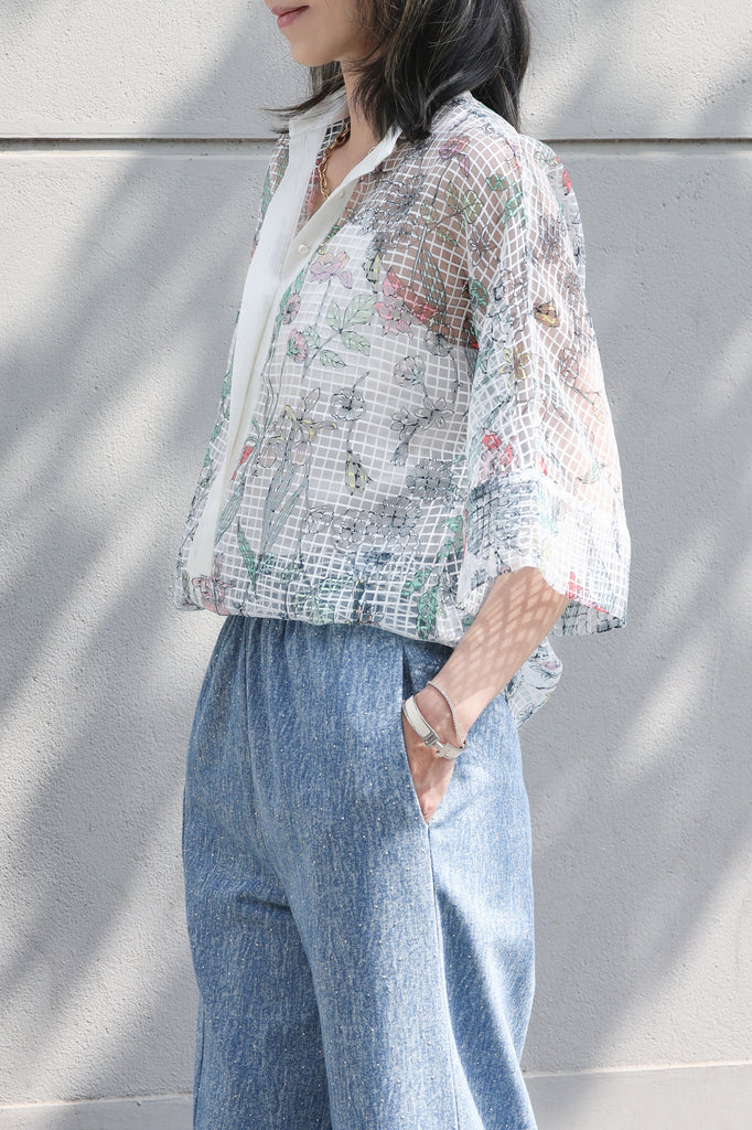 Floral Check Pearl Detail V-Neck Kimono Sleeve Sheer Top