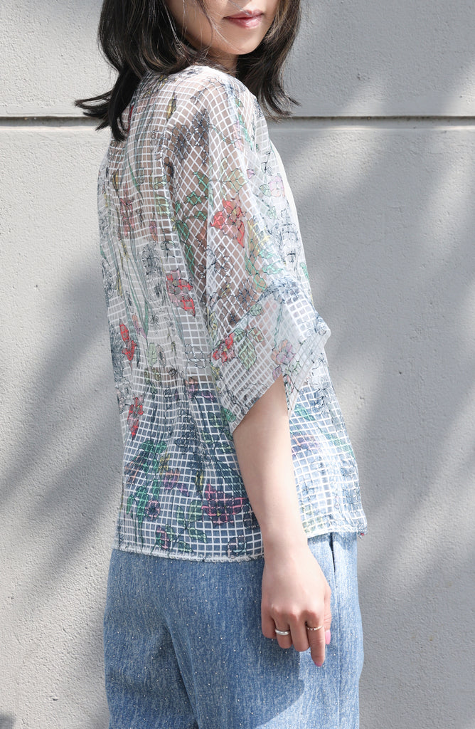 Floral Check Pearl Detail V-Neck Kimono Sleeve Sheer Top