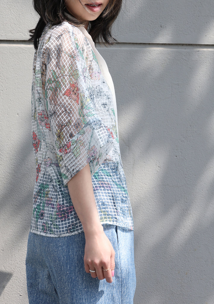 Floral Check Pearl Detail V-Neck Kimono Sleeve Sheer Top