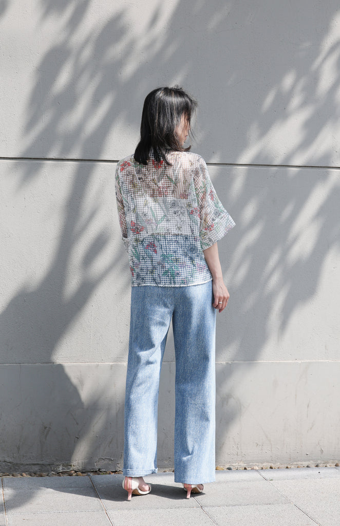 Floral Check Pearl Detail V-Neck Kimono Sleeve Sheer Top