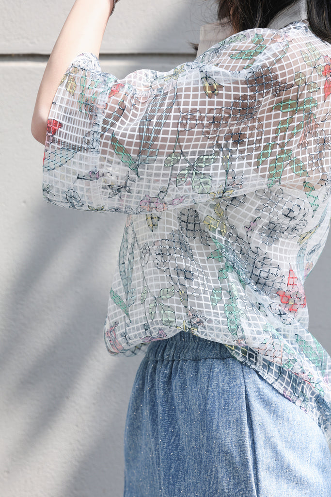 Floral Check Pearl Detail V-Neck Kimono Sleeve Sheer Top