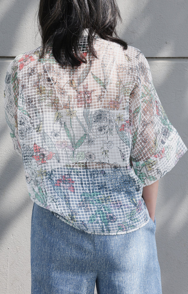 Floral Check Pearl Detail V-Neck Kimono Sleeve Sheer Top
