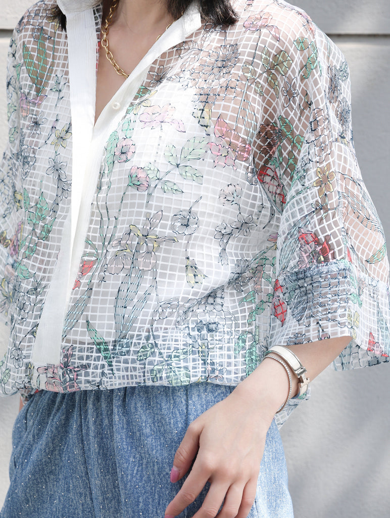 Floral Check Pearl Detail V-Neck Kimono Sleeve Sheer Top