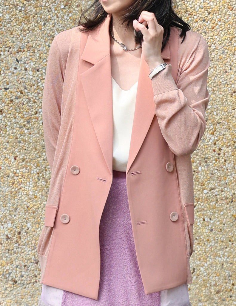 Pink Lightweight Chiffon-Knit Contrast Blazer Cardigan