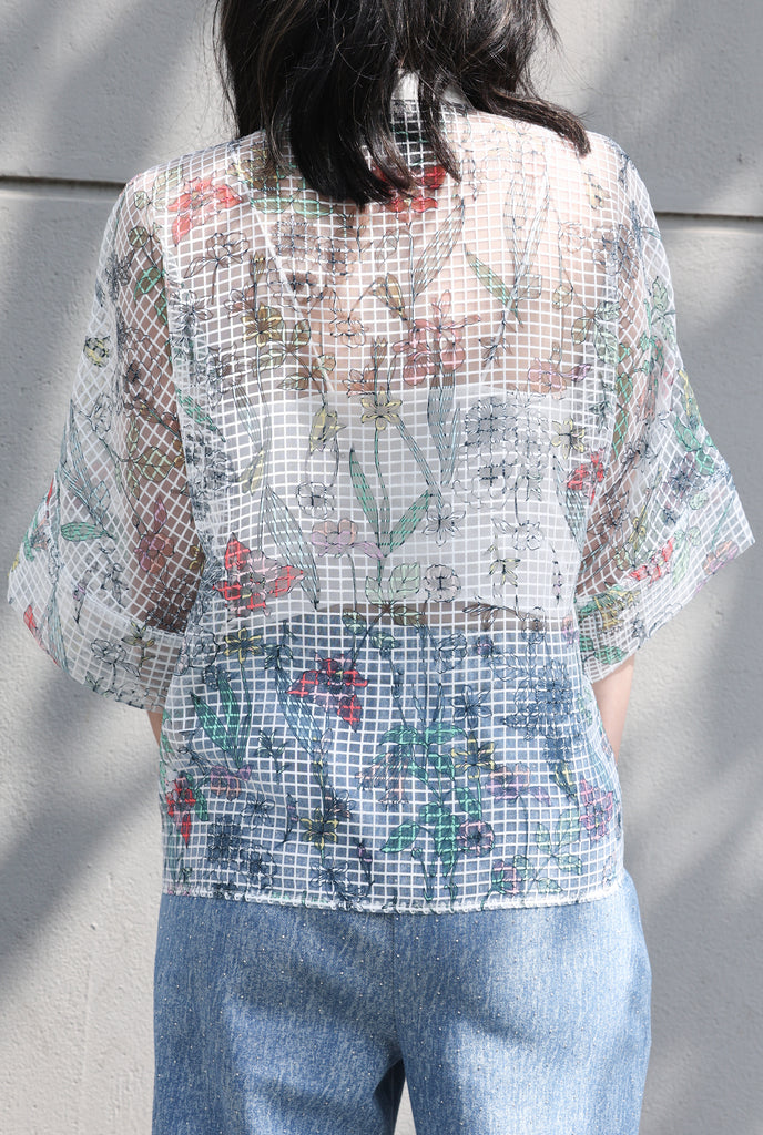Floral Check Pearl Detail V-Neck Kimono Sleeve Sheer Top
