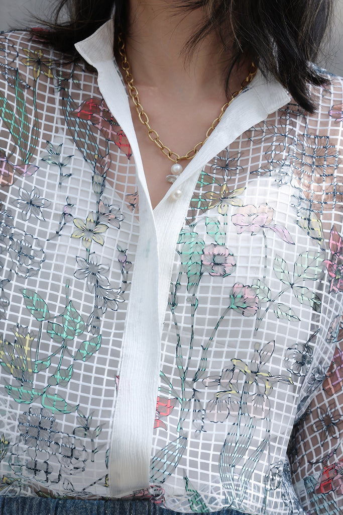 Floral Check Pearl Detail V-Neck Kimono Sleeve Sheer Top