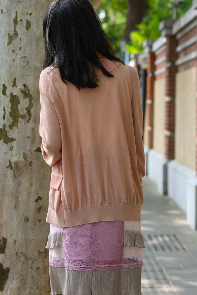 Pink Lightweight Chiffon-Knit Contrast Blazer Cardigan