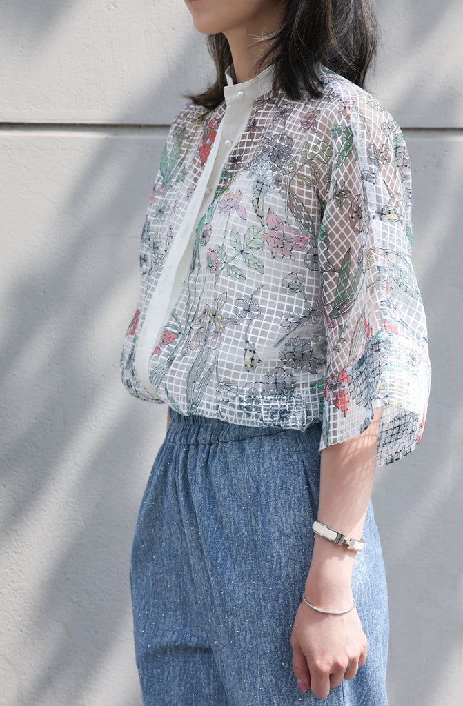 Floral Check Pearl Detail V-Neck Kimono Sleeve Sheer Top