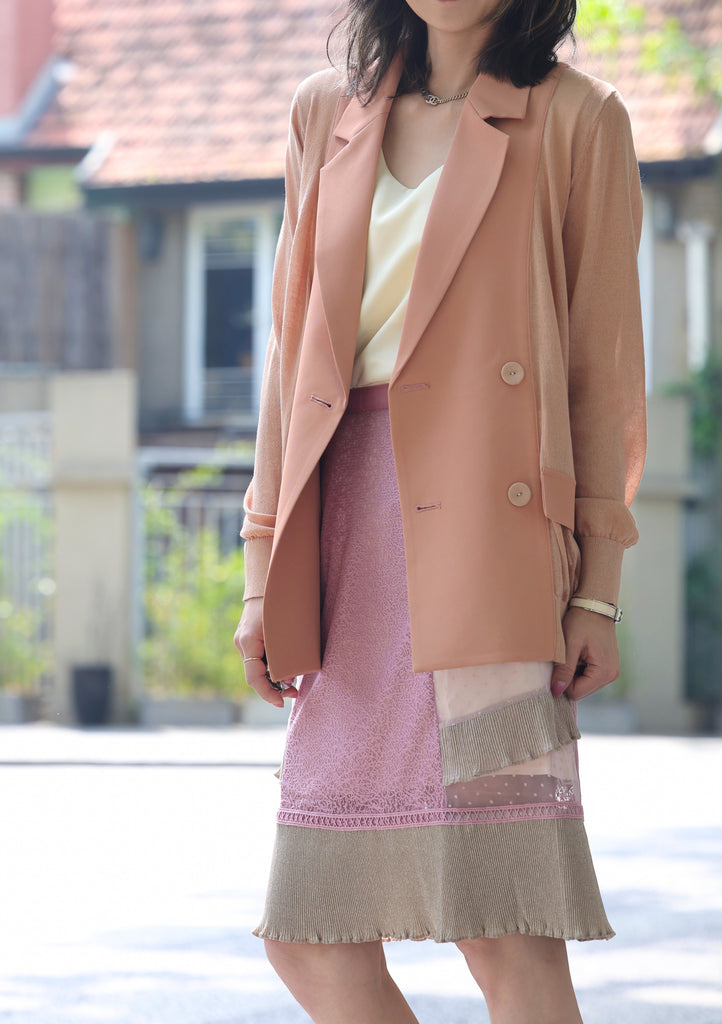 Pink Lightweight Chiffon-Knit Contrast Blazer Cardigan