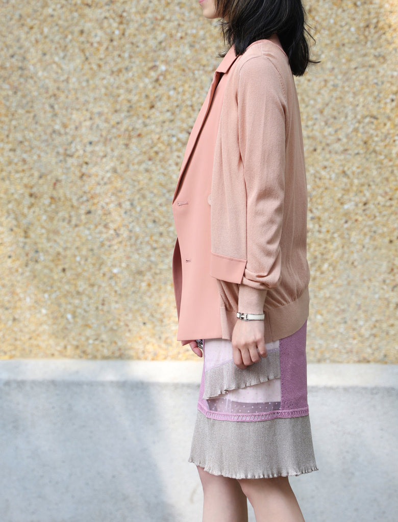 Pink Lightweight Chiffon-Knit Contrast Blazer Cardigan