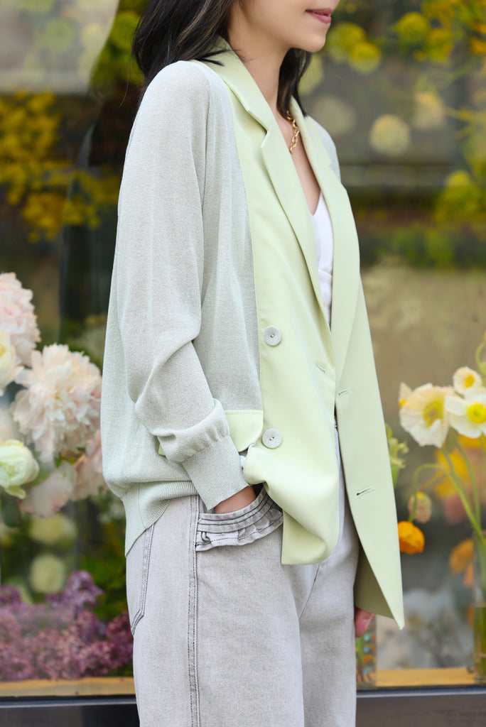 Green Lightweight Chiffon-Knit Contrast Blazer Cardigan