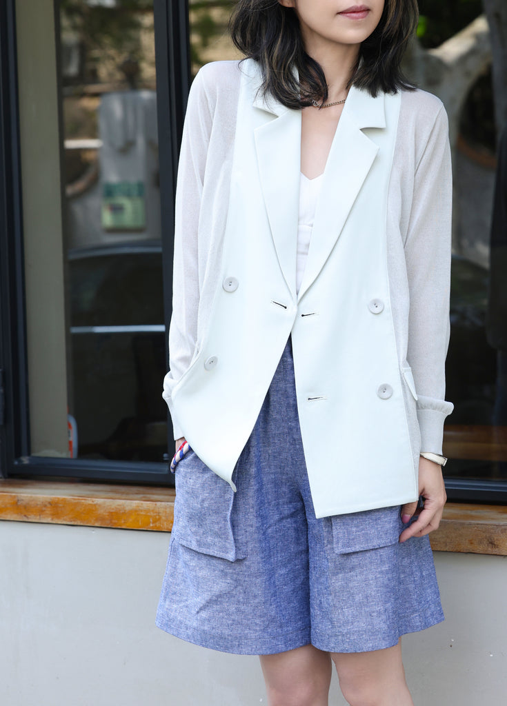 Grey Lightweight Chiffon-Knit Contrast Blazer Cardigan