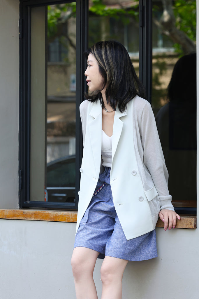 Grey Lightweight Chiffon-Knit Contrast Blazer Cardigan