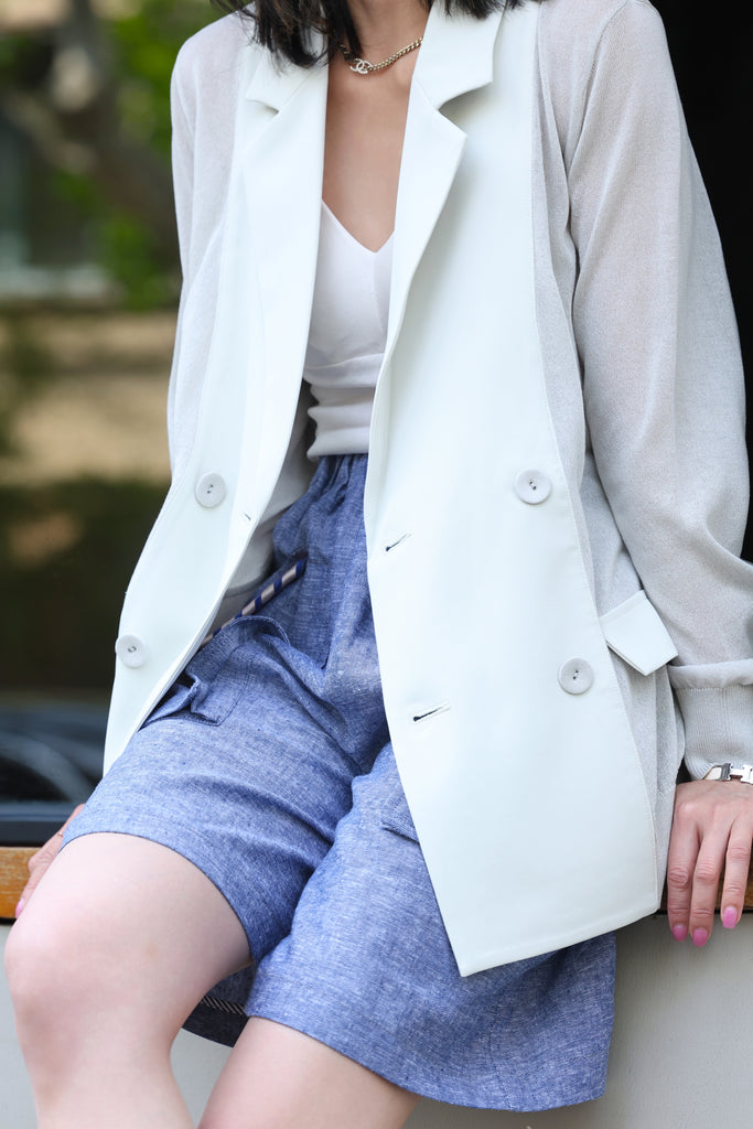Grey Lightweight Chiffon-Knit Contrast Blazer Cardigan