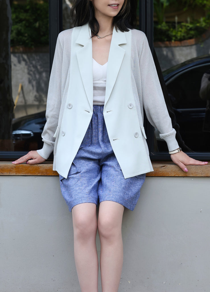 Grey Lightweight Chiffon-Knit Contrast Blazer Cardigan