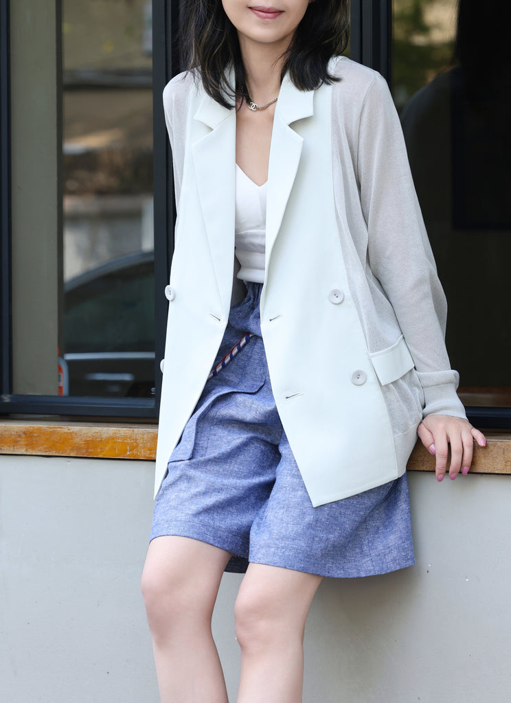 Grey Lightweight Chiffon-Knit Contrast Blazer Cardigan