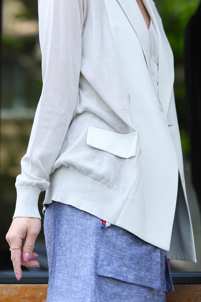 Grey Lightweight Chiffon-Knit Contrast Blazer Cardigan
