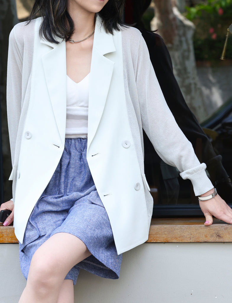 Grey Lightweight Chiffon-Knit Contrast Blazer Cardigan