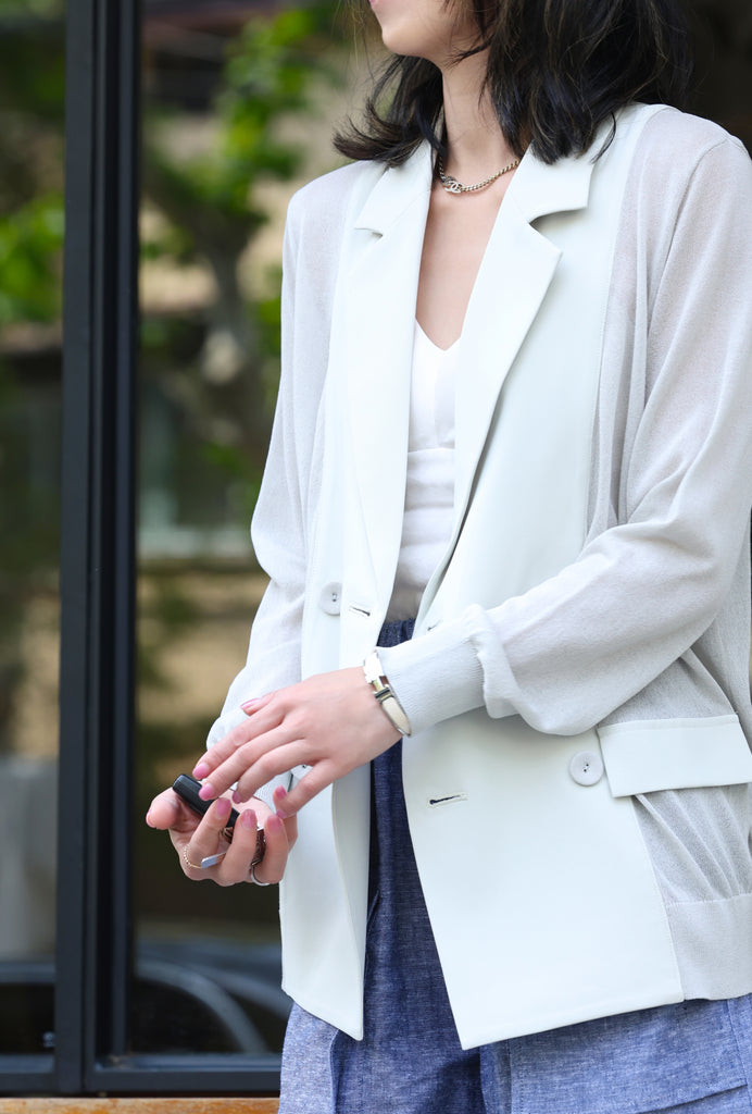 Grey Lightweight Chiffon-Knit Contrast Blazer Cardigan