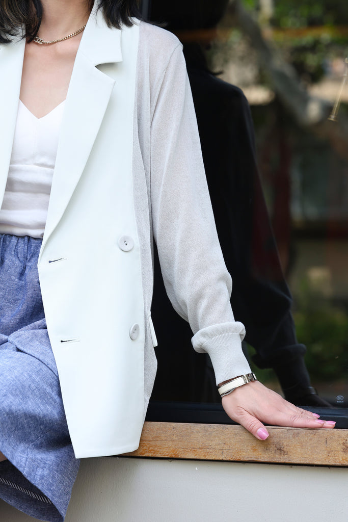 Grey Lightweight Chiffon-Knit Contrast Blazer Cardigan