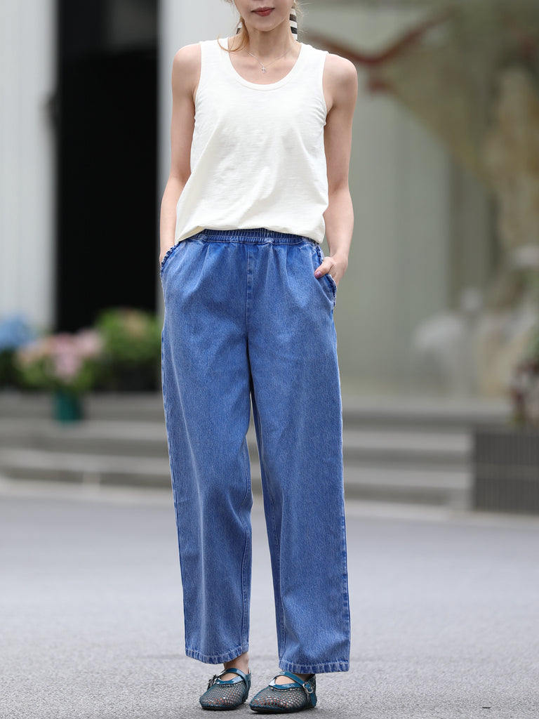 Washed Indigo Relaxed Straight Leg Elastic Waist Denim Trousers