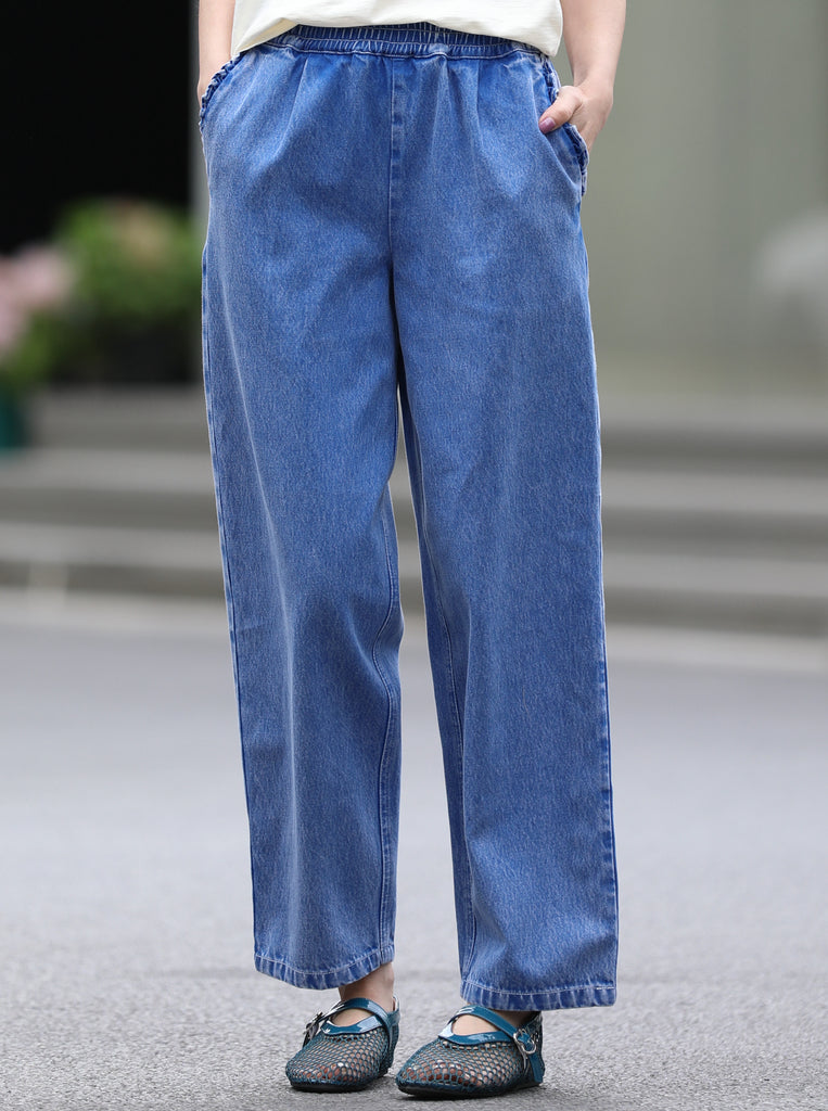 Washed Indigo Relaxed Straight Leg Elastic Waist Denim Trousers