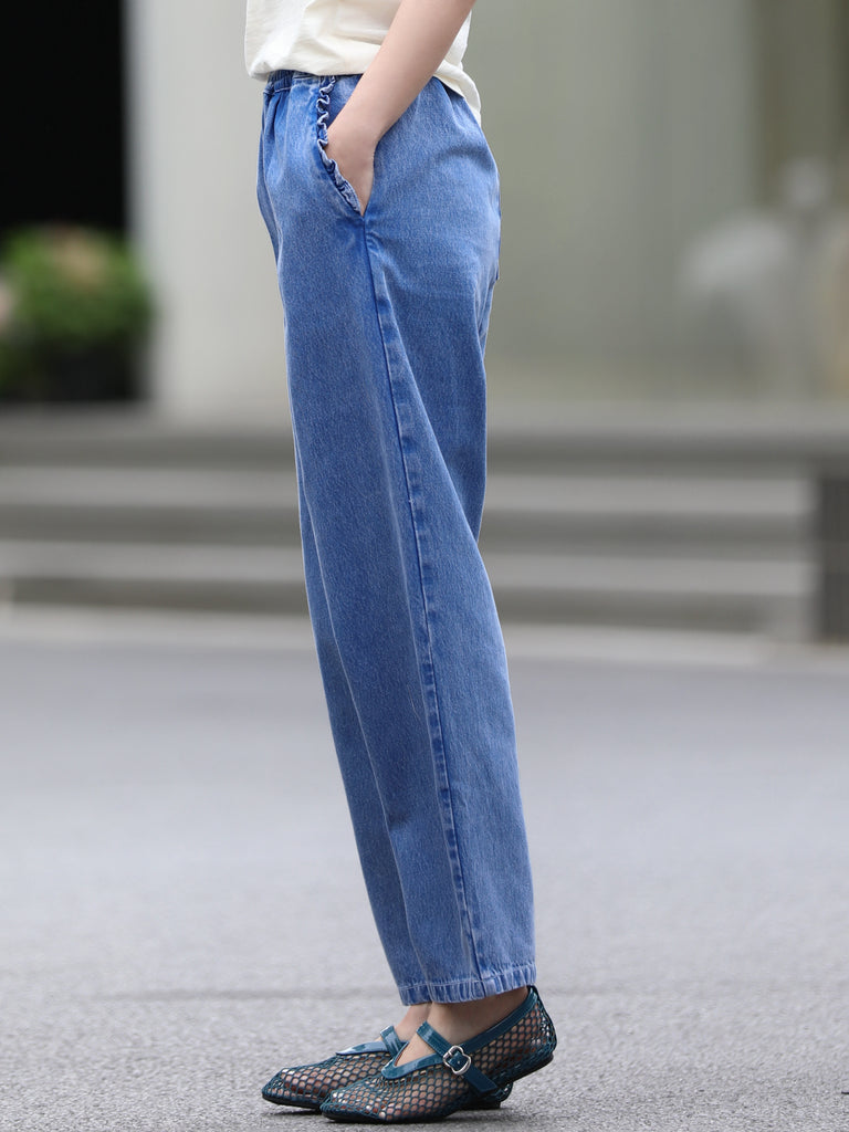 Washed Indigo Relaxed Straight Leg Elastic Waist Denim Trousers