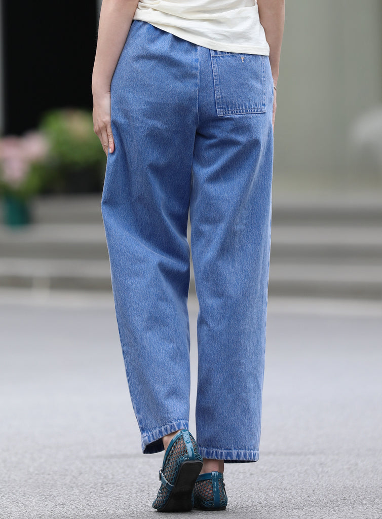 Washed Indigo Relaxed Straight Leg Elastic Waist Denim Trousers