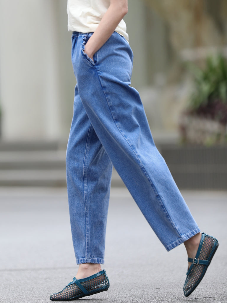 Washed Indigo Relaxed Straight Leg Elastic Waist Denim Trousers