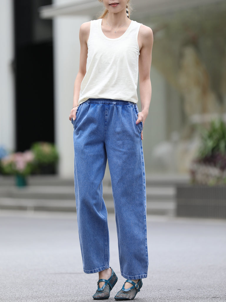 Washed Indigo Relaxed Straight Leg Elastic Waist Denim Trousers