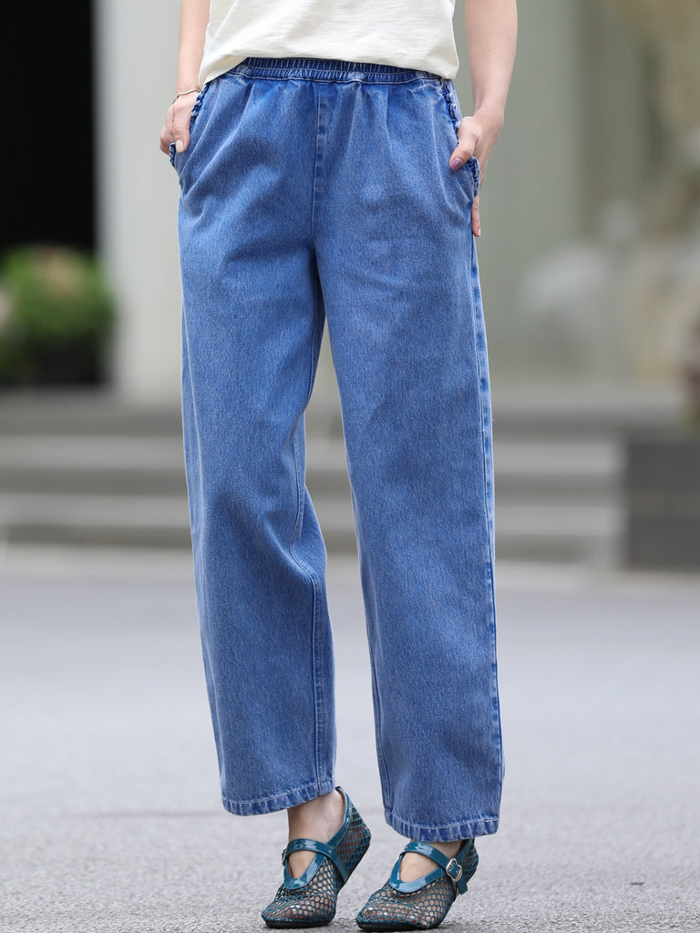 Washed Indigo Relaxed Straight Leg Elastic Waist Denim Trousers