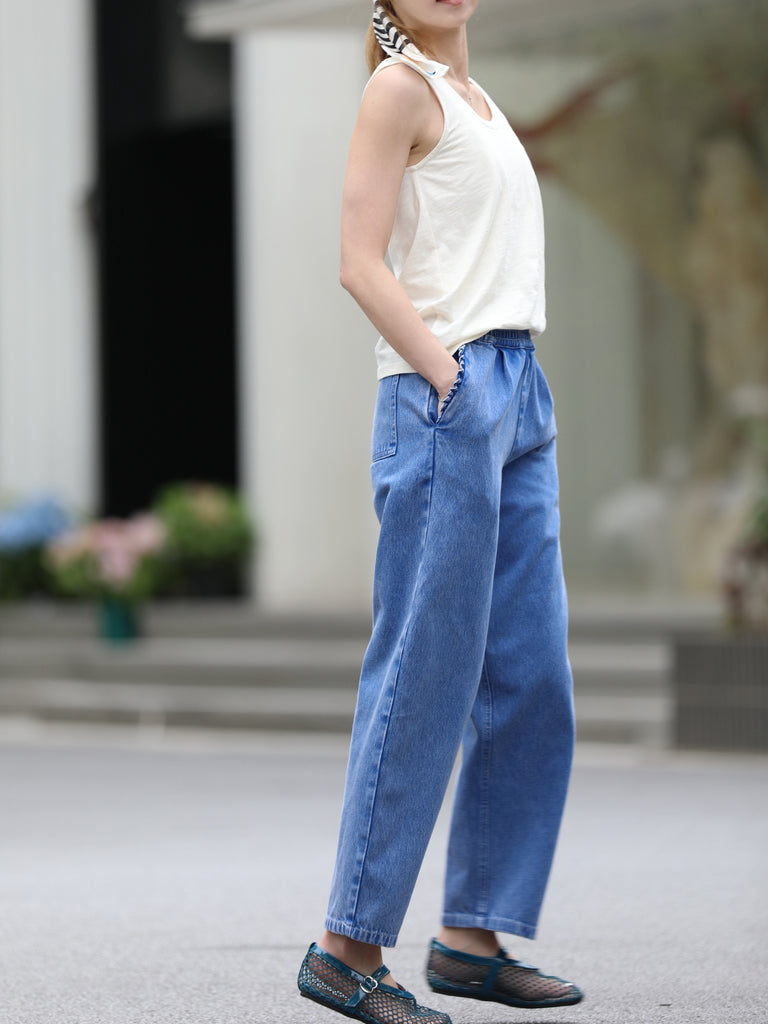 Washed Indigo Relaxed Straight Leg Elastic Waist Denim Trousers